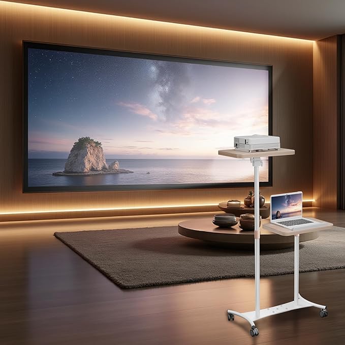 YUMFUN 2 Shelves Projector Stand, Mobile Laptop Cart on Wheels Projector Stand Adjustable Height 20 to 53 Inches, Overbed Table with 5 Lockable Casters, Rolling Laptop Floor Stand for Couch
