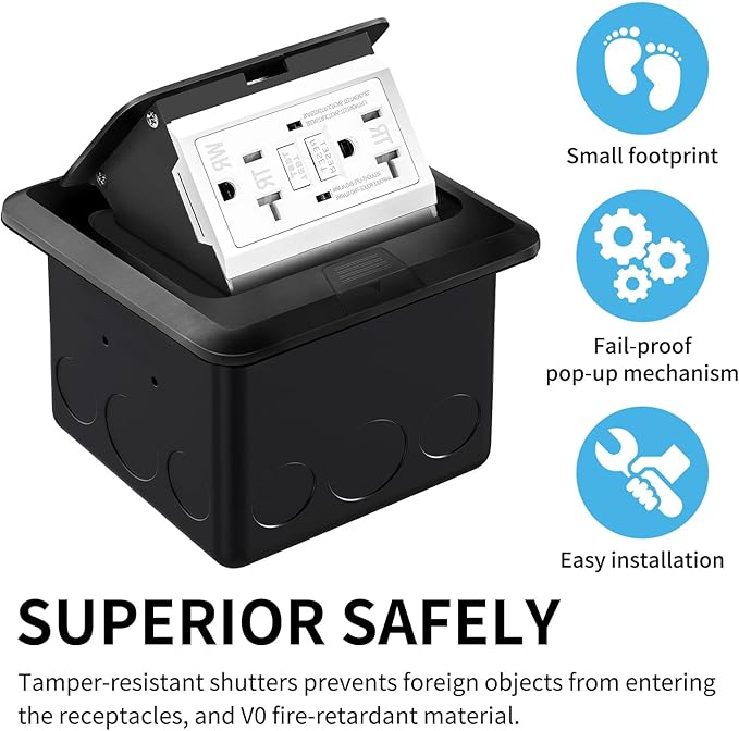 Vagueior Recessed Floor Electrical Outlet Kit,Waterproof Electrical Outlet Covcer Box,Hidden GFCI Outlet+20A Tamper-Resistant Receptacle Outlet with Slow Elastic Damping，ETL Certified，Black(2 Pack)