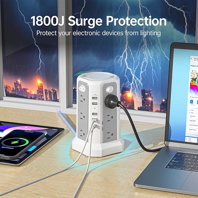 Surge Protector Power Strip Tower with PD18W USB C Port,10FT Extension Cord with 12 AC Mutiple Outlets 5 USB Charging Ports, PASSUS Power Tower Surge Protection for Home Office Dorm Room