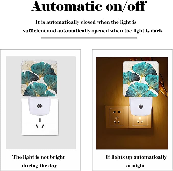 FSHVQKD Green Ginkgo Leaves Night Light,Plug Into Wall Decor for Stairway,Hallway,Kitchen,Dusk to Dawn Sensor Nightlights for Boys/Girls/Women/Men Room Gifts