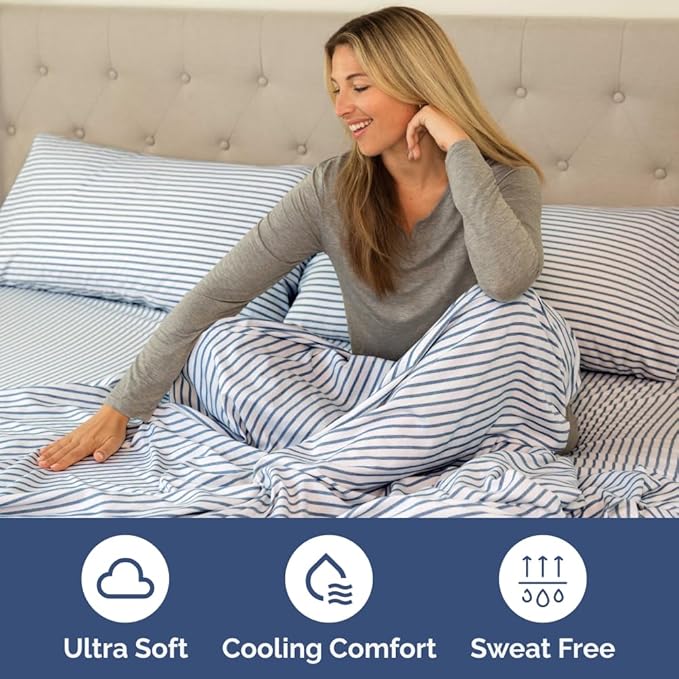 RV Short Queen Sheet Set 60 X 75 - 4 Piece RV Short Queen Bed Sheets - Soft, Breathable & Cooling - Designed for Bunks, Trailers & Campers - Fits 8” to 12" Mattress - Luxury Bedding - Blue Stripes 2