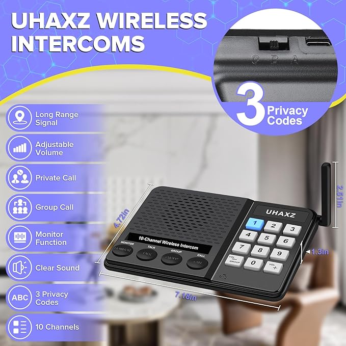 UHAXZ Intercoms Wireless for Home, Long Range Wireless Intercom 6000ft, Intercoms for Home with Group Call, Monitor Function, 8 Volume Levels Intercom System for House Business Office Elderly(2 Packs)