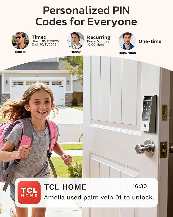 TCL D2 Pro Smart Lock with Palm Vein Recognition, 10000mAh Rechargeable Battery & Wi-Fi, Keyless Entry Door Lock, IP55 Weatherproof, Built-in Doorbell, Auto Lock, Brushed Nickel