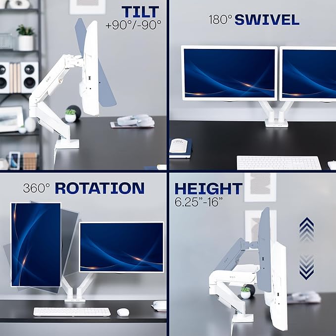 VIVO Dual Monitor up to 32 inches and 19.8 lbs per Screen, Mechanical Arm Desk Mount, Articulating Counterbalance, VESA Stand, Classic, White STAND-V002OW