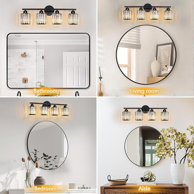 FDPBY Modern 4 Light Crystal Vanity Light, Plating Black Vertical Bathroom Light Fixture Over Mirror for Dressing Table Sink, Compatible with Dimmable Bulbs (Bulbs Not Included)