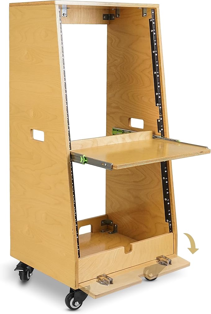 Sound Town DIY Slanted 20U Studio Rack (12U Top + 8U Lower), with 2U Bottom Storage, Slide-Out Tray, Caster, Plywood, Golden Oak For Recording Room, Home Studio (SDRK-ST20T)