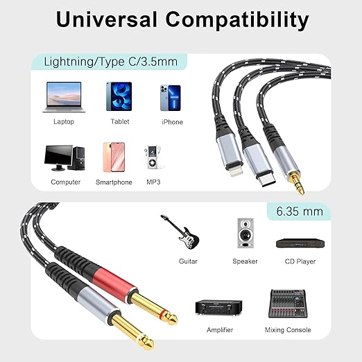 Lightning to Dual 6.35mm 1/4" TS Mono Stereo Y-Cable Splitter,3 in 1 to Dual 1/4-inch Audio Cable, Compatible with smartphones, computers, phones/Pads Amplifiers,speakers,headphones,mixing consoles