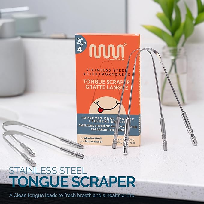 MasterMedi Tongue Cleaner Tongue Scraper Surgical Grade Stainless Steel Tongue Brush Dental Kit Professional Eliminate Bad Breath With Non-synthetic Grip (Family Pack (4 pcs)