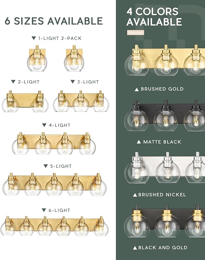 METWET Bathroom Light Fixtures, 6 Light Brushed Gold Vanity Light, 38 Inch Modern Wall Sconces with Globe Clear Glass Shade, Vanity Lighting Fixtures Over Mirror, VL195-BG-6