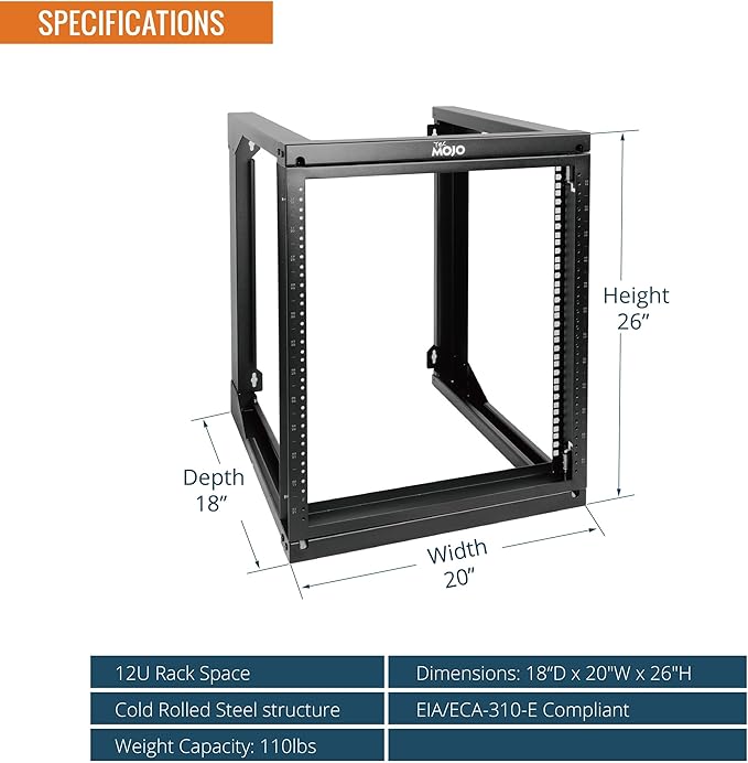 Tecmojo 12U Wall Mount Server Rack, Open Frame Network Rack for 19" Computer/AV/Data/IT/Media Equipment, 18" Depth, 16" Apart Mounting Holes, Swing Gate, Square and Tapped Holes