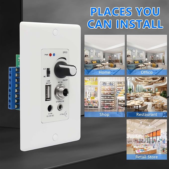 PNWCZ Wall Amplifier Compatible with Bluetooth 4 Channels Volume Control Wall Plate with USB/MIC/AUX(3.5mm) Inputs Terminal Block Connect 4 Speakers