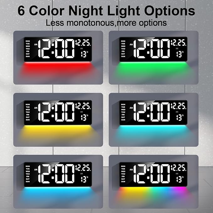 Xflyee 16.5" Digital Clock Large Display with Remote Control, 6-Color Night Light Digital Wall Clock with Dual Alarms, Temperature, Auto DST Large Clock for Living Room, Bedroom, Desk, Mounted, Gift