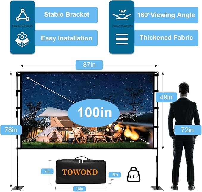 TOWOND Projector Screen and Stand, 100 inch Outdoor Projector Screen Indoor, Portable Movie Screen 16:9 4K Front Rear Projection Screen with Carry Bag Wrinkle-Free Design for Home Backyard Theater