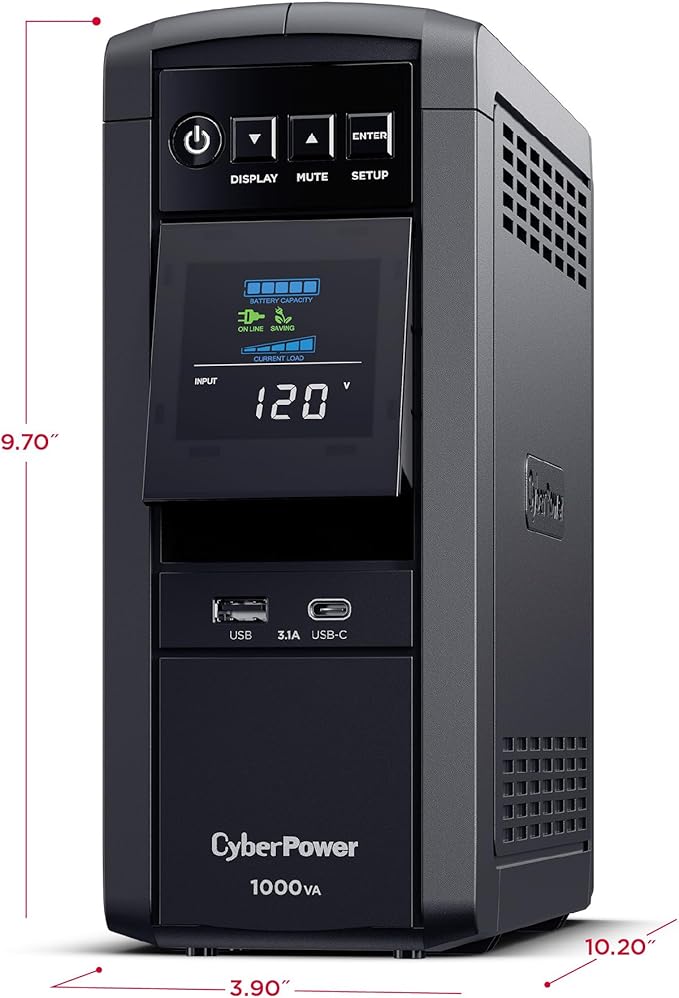 CyberPower CP1000PFCLCD PFC Sinewave UPS Battery Backup and Surge Protector, 1000VA/600W, 10 Outlets, AVR, Mini-Tower; UL Certified