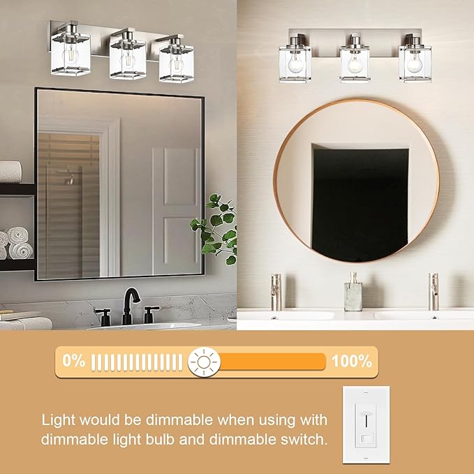 WINSHEN 3-Lights Bathroom Wall Light Fixtures E26 Bulb Base, Brushed Nickel Vanity Lighting Fixtures Over Mirror with Clear Glass Shades for Living Room Hallway Kitchen