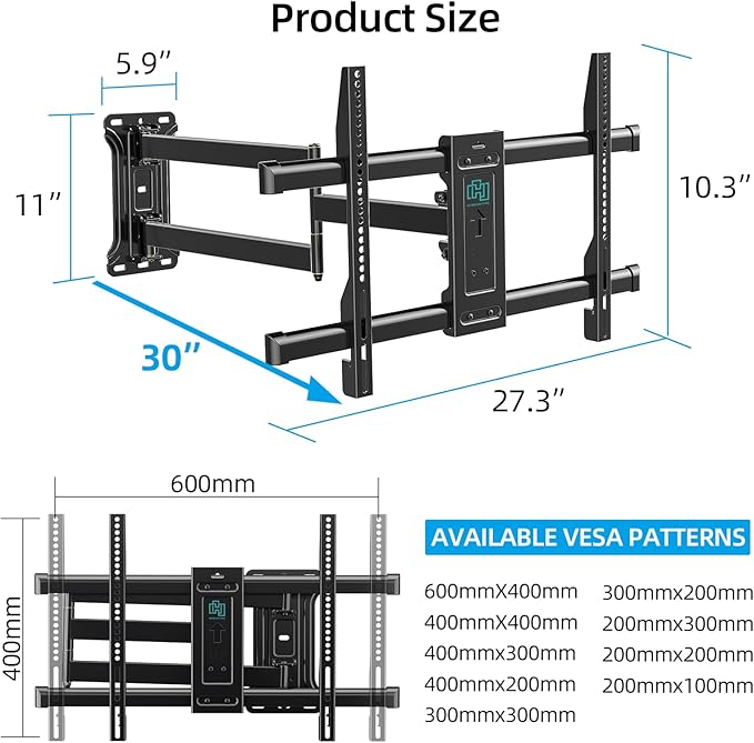 HCMOUNTING Pre-Assembled Corner TV Wall Mount for 32-80" TVs, Full Motion with Smooth Gliding Extension, 30" Long Arm, Single Stud Installation Holds 100lbs, Max VESA 600x400mm
