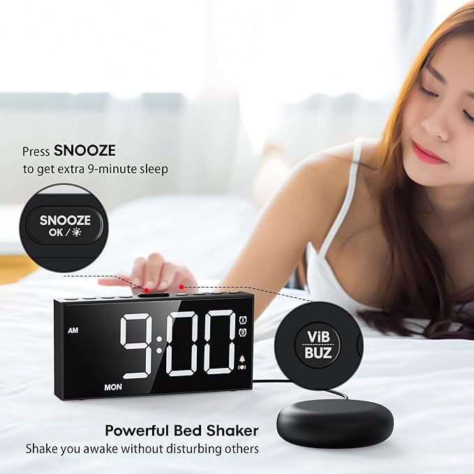 Mesqool Loud Alarm Clock for Heavy Sleeper, with Vibration for Hearing Impaired Deaf, Annoying Clock for Bedroom,USB Port,Dual Alarm with Snooze