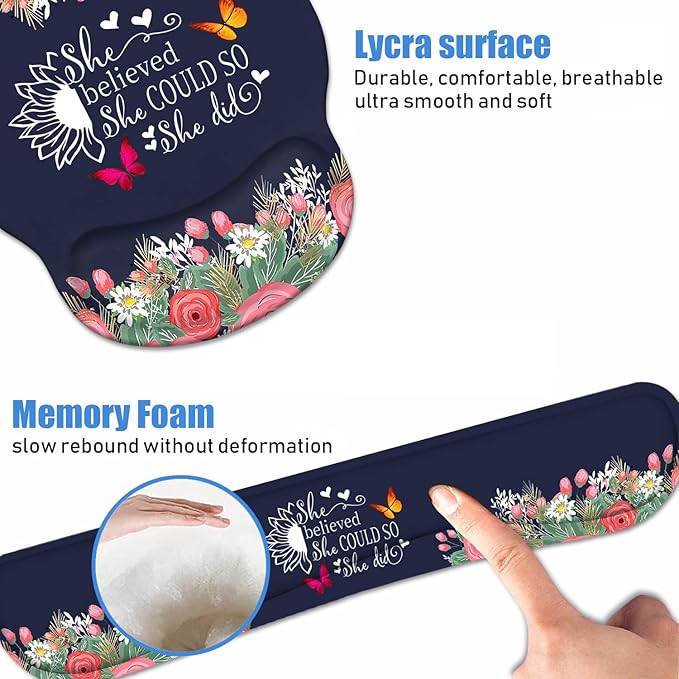 Keyboard Wrist Rest + Mouse Pad Wrist Support Set with Coasters, She Believed She Could So She Did Inspirational Quote Design Non-Slip PU Base Ergonomic Mousepad for Home Office Working Studying