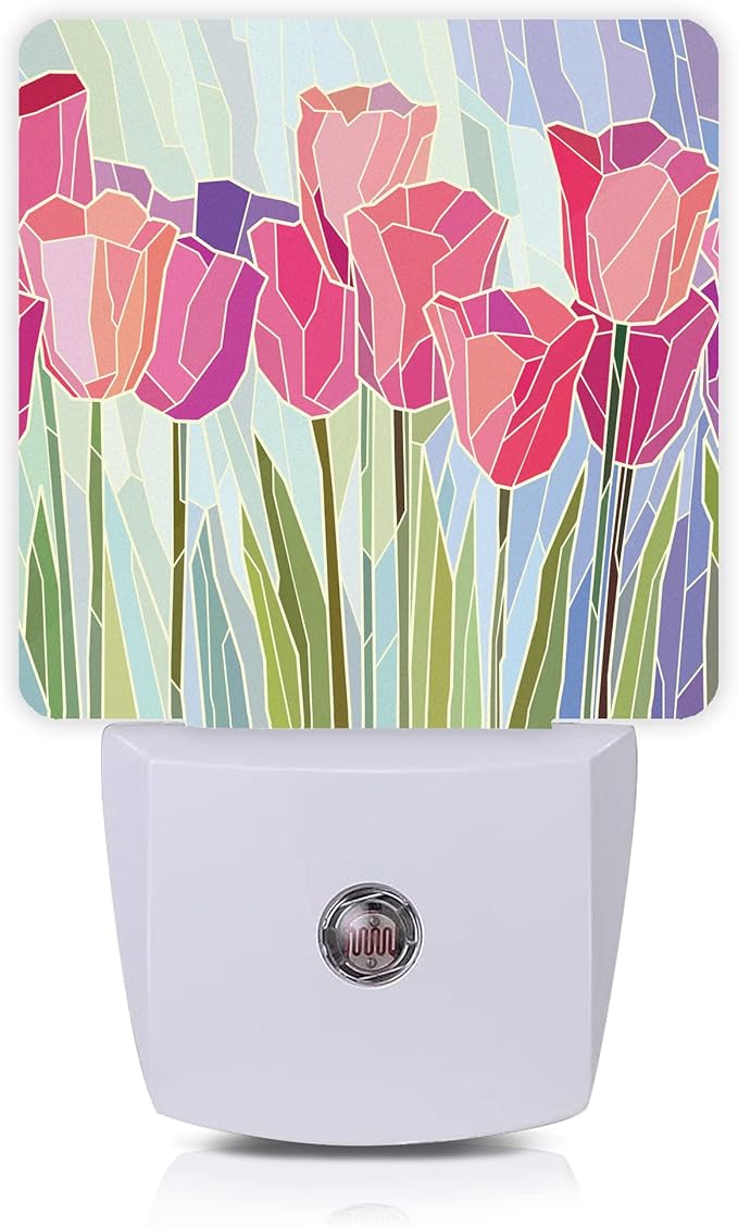 Smoaffly Pink Tulip Flowers Night Light Plug-in LED Nightlights Auto Sensor Night Lamp Dusk-to-Dawn Lamp Home Decor for Nursery Children Girls Boys