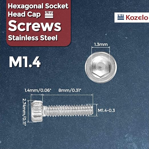 Kozelo 60pcs Socket Head Cap Screws - [M1.4-0.3 x 8mm] 304 Stainless Steel Allen Socket Drive for Electrical Motor 3D Printing Fan Engine Replacement Use, Silver
