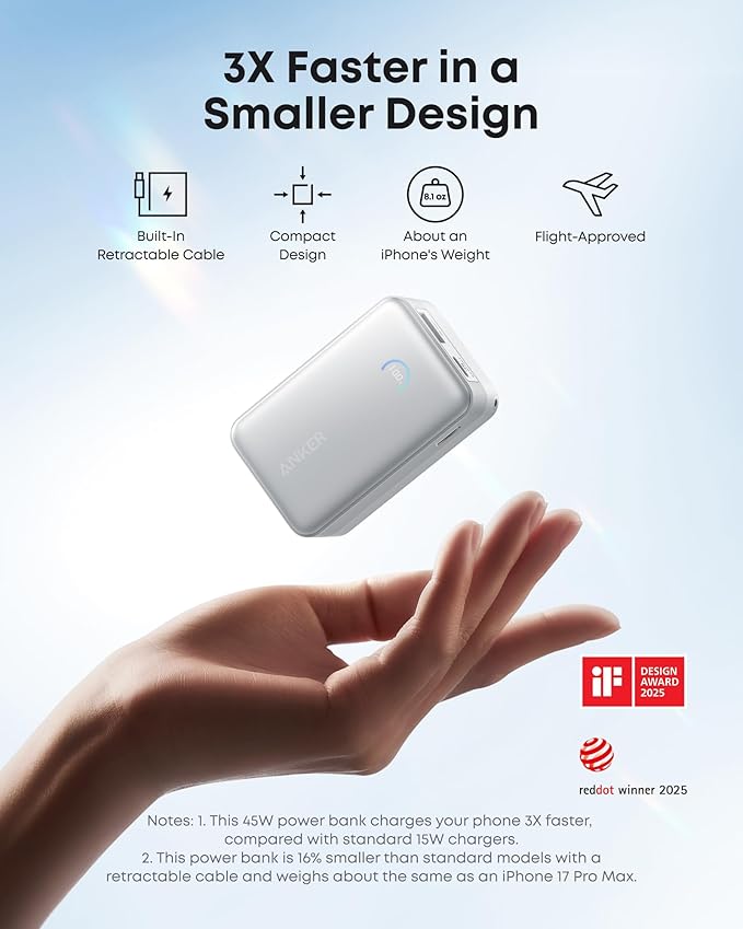 Anker Nano Portable Charger, 10,000mAh 45W Max Compact Power Bank, Travel Essential Phone Battery Pack with 2.3 ft InstaCord Retractable Cable for iPhone 17/16 Series, iPad, Galaxy, Pixel, and More