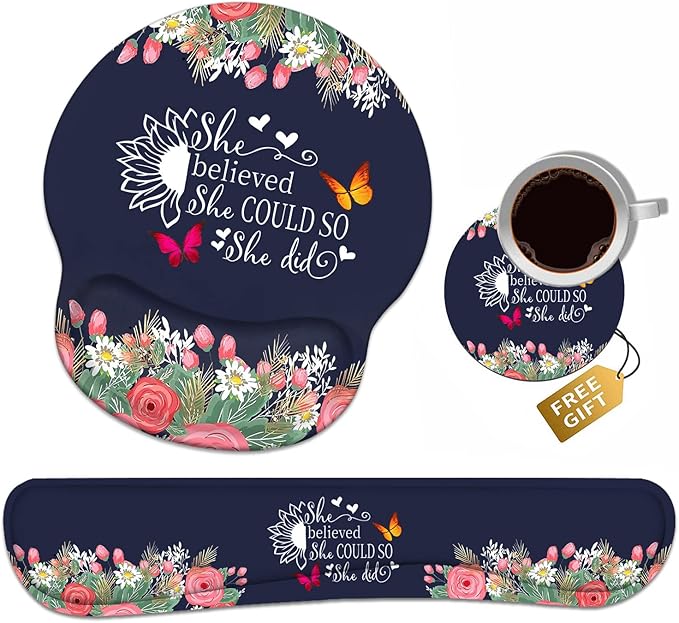 Keyboard Wrist Rest + Mouse Pad Wrist Support Set with Coasters, She Believed She Could So She Did Inspirational Quote Design Non-Slip PU Base Ergonomic Mousepad for Home Office Working Studying