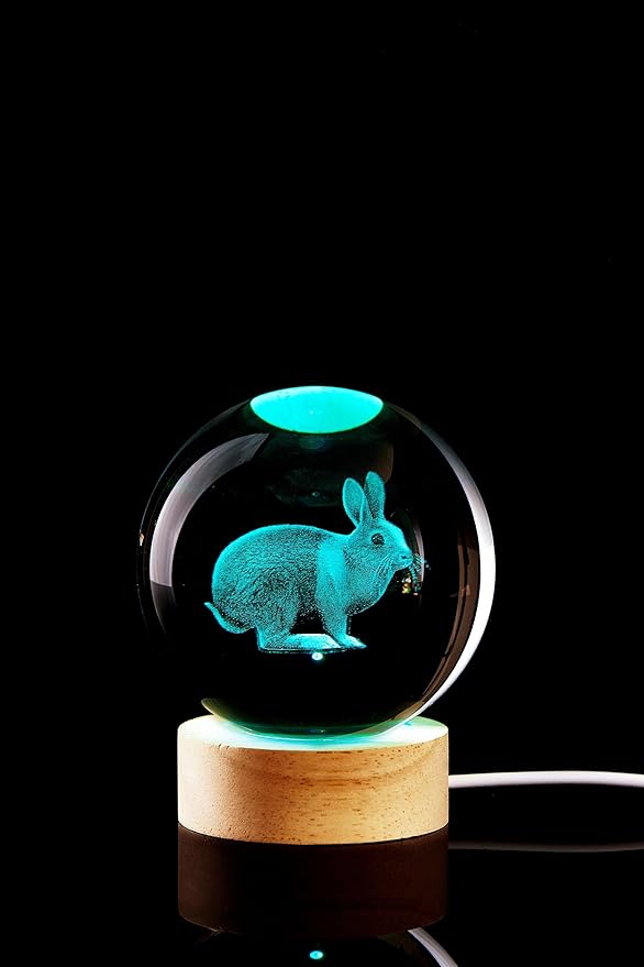 3D Crystal Ball Lamp with Lifelike LED Rabbit, 16 Color Changing Light, Dimmable Remote Control
