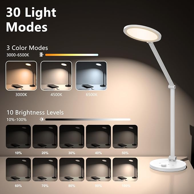 ANNAITE LED Desk Lamp for Home Office, Eye-Caring Modern Desk Light, 3 Color Temperature 10 Brightness Computer Light, Dimmable Desk Light with Memory & Timer Func, Metal Swing Arm Table Lamp (White)