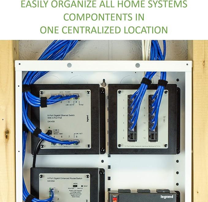 Legrand - OnQ 28 Inch Cable Management, In-Wall 20-Gauge Media Box, Structured Wiring Enclosure with 2.5 Inch Openings for Wires, Includes Cover Mounting Hardware, White, EN2800