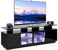 ansefe 70 Inch Black TV Stand with LED Lights, Power Strips, and USB Charging Station for Mobile Phones, Transparent Glass Door Storage Cabinet, Entertainment Center with Large Storage Space