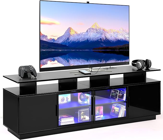 ansefe 70 Inch Black TV Stand with LED Lights, Power Strips, and USB Charging Station for Mobile Phones, Transparent Glass Door Storage Cabinet, Entertainment Center with Large Storage Space