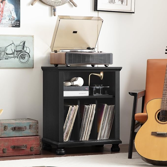 Joaxswe Record Player Stand with Vinyl Record Storage, 24" Wide Mid-Century Record Player Table Up to 200 Albums,Large Wood Turntable Stand Cabinet Dispaly Shelf for Living Room,Bedroom,Black