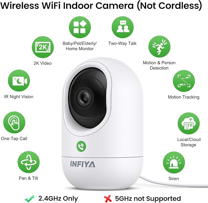 INFIYA 2K Baby Camera-WiFi Home Security Cameras Indoor via One-Tap Call with Elderly/Baby/Nanny, Motion Alert, Local/Optional Cloud Storage, Compatible with Alexa/Google Home, K7 1Pack (2.4GHz Only)