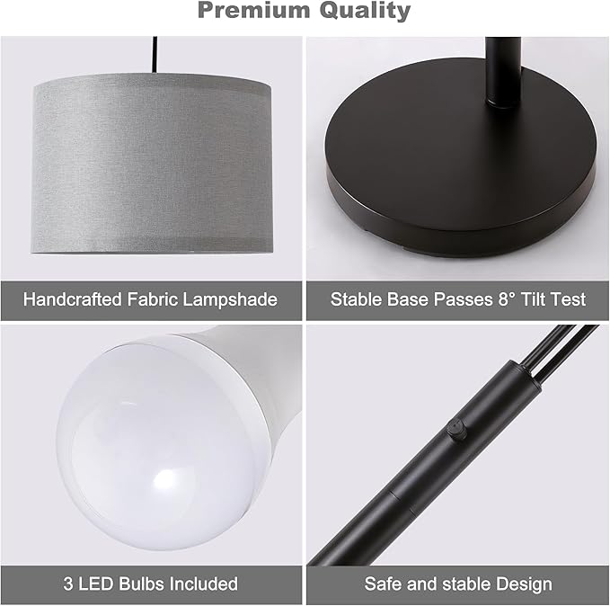 Fansdrick Floor lamp with Remote, 3 Light Arc Floor Lamps for Living Room, 2400LM Tall Standing Floor Lamps with Gray Shades, 80" Large Floor Lamp for Bedroom, Office