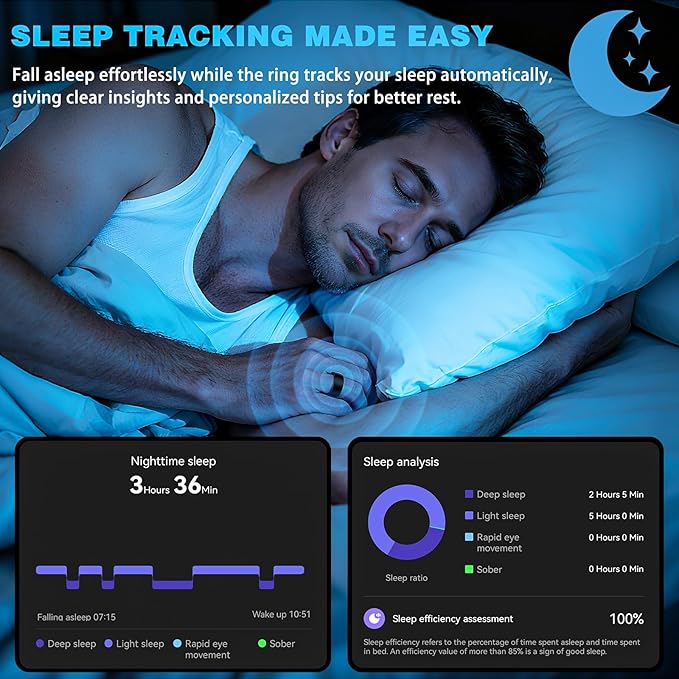 S SECRETTOP Smart Health Ring for Men Women, Fitness Tracker Ring with Sleep Monitoring, Heart Rate, SpO2, IP68 Waterproof, Step Counter Calorie Tracker Health Rings (Black 7)
