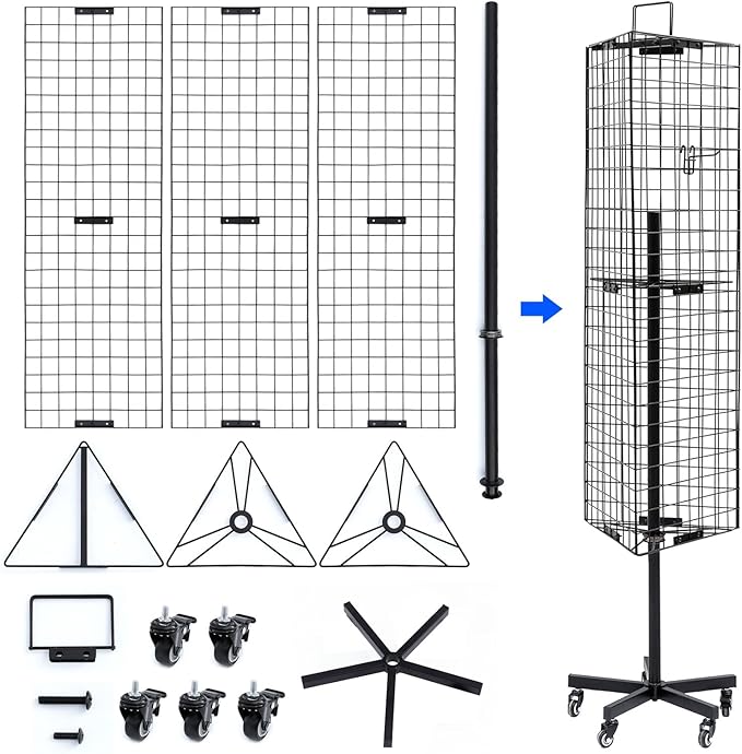 NectaCol Triangular Gridwall Panel Display Stand with Base and Pole, Black Grid Wall Panels with Wheels, Craft Gridwall Display Rack, Art Display Stand, Show Rack, Extra 12pcs Hooks