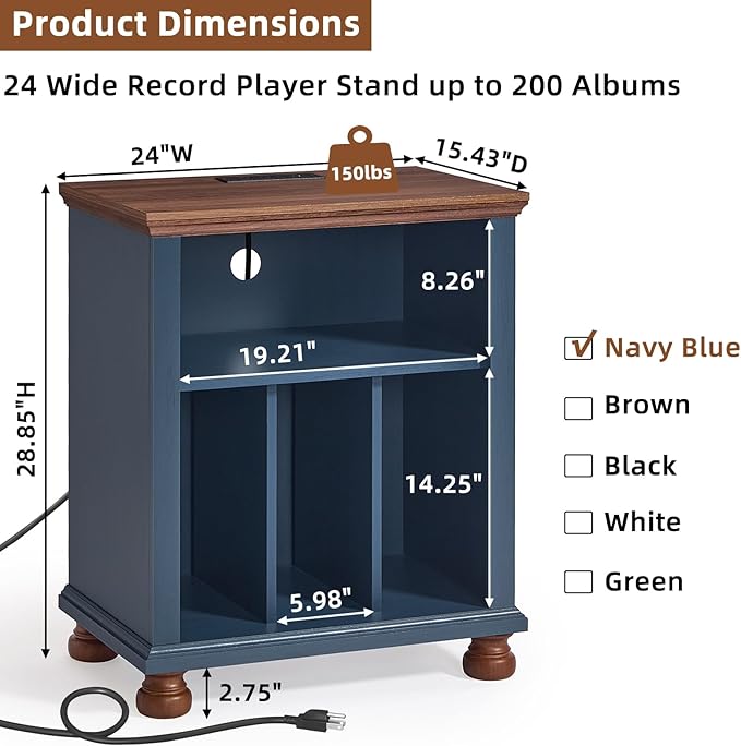 Joaxswe Record Player Stand with Charging Station Up to 200 Albums, 24" Wide Mid-Century Record Player Table with Vinyl Record Storage,Large Wood Turntable Stand Dispaly Cabinet for Living Room,Blue