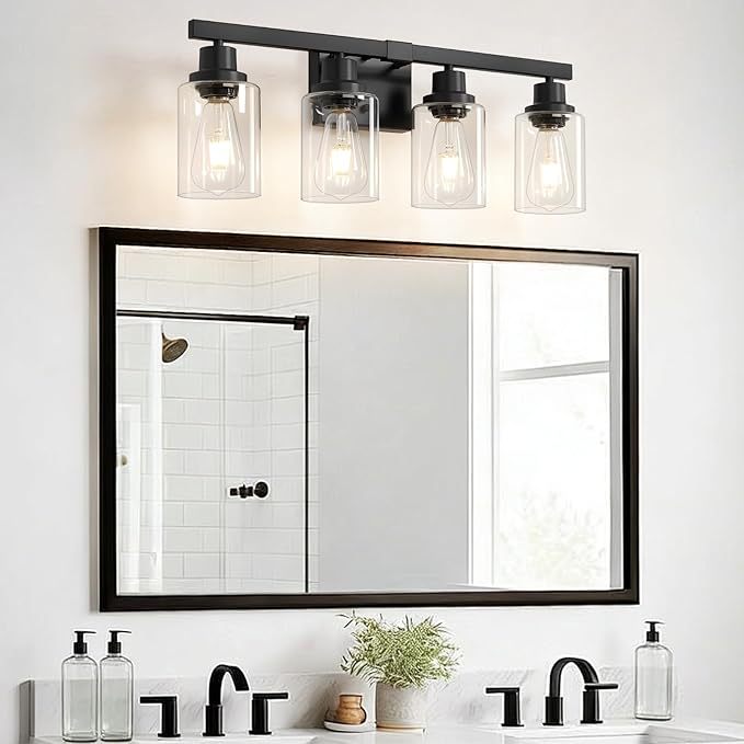DIKAIDA Bathroom Vanity Light, 4-Light Modern Matte Black Wall Sconce Lighting with Clear Glass Shade, Bathroom Lighting Fixtures Over Mirror,Vintage Wall Mounted Lamps for Mirror Bedroom,Living Room