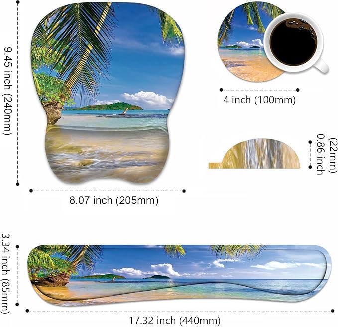 Ergonomic Mouse Pad Wrist Support and Keyboard Wrist Rest Set with Coasters, Non-Slip PU Base, Easy Typing & Pain Relief for Computer Laptop Home Office, Shore Palms Tropical Beach