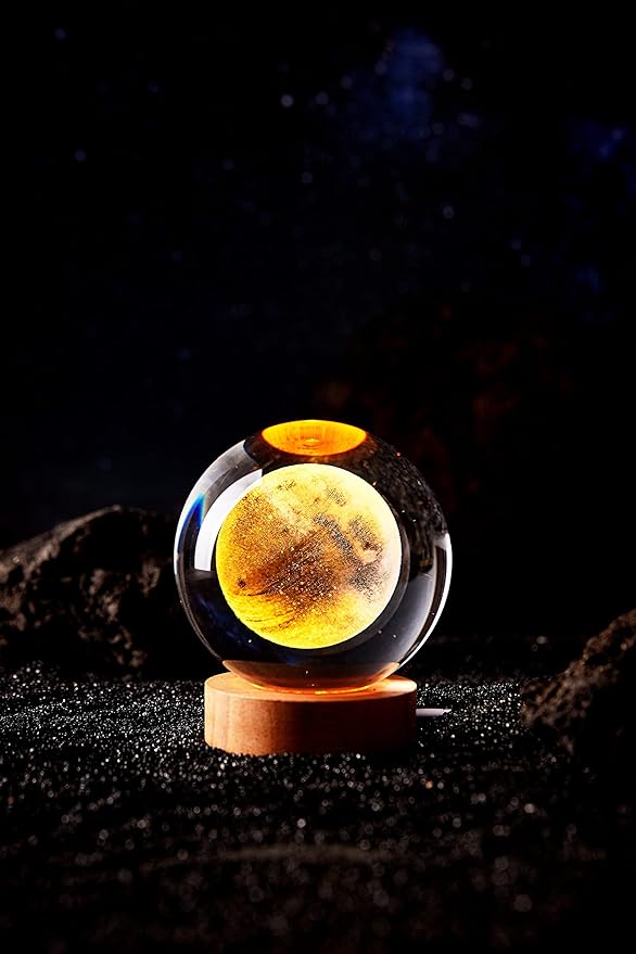 3D Moon Crystal Ball Lamp,3.15 inch Crystal Ball Night Light with Wooden Base,16 Colors Changing Light,Dimmable Remote Control,Desk lamp (F)
