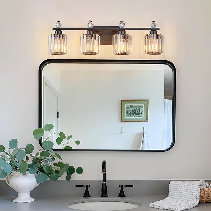 FDPBY Bathroom Vanity Lights 4-Light Sand Black Modern Crystal Vanity Light Fixtures Over Mirror Crystal Bathroom Vanity Lighting Fixtures