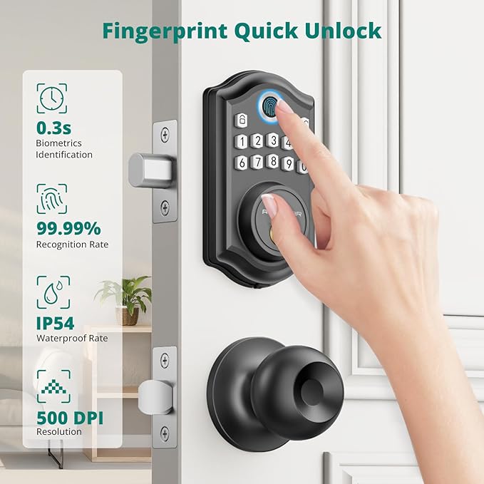 AkaGear DS10 Keyless Entry Door Lock with Door Knob, Fingerprint Door Lock, Electronic Keypad Deadbolt, Smart Door Lock, Smart Locks for Front Door, Auto-Lock - Matte Black