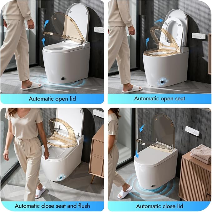 WANSID Compact Smart Toilet With Bidet, Heated Seat, Auto Open/Close Lid, Blackout Flush, Warm Water & Air Dry Function, One-piece Toilet with Tankless Design, Space-Saving, Night Light
