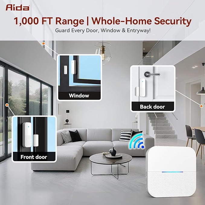 AIDA Door Alarms When Opened Wireless Ring Chime Sensor Alarm for Business/Home/Kids - 600ft Range, 58 Ringtones, 5 Volume Levels, Open Alert, Easy Install (1 Receiver + 2 Sensor)