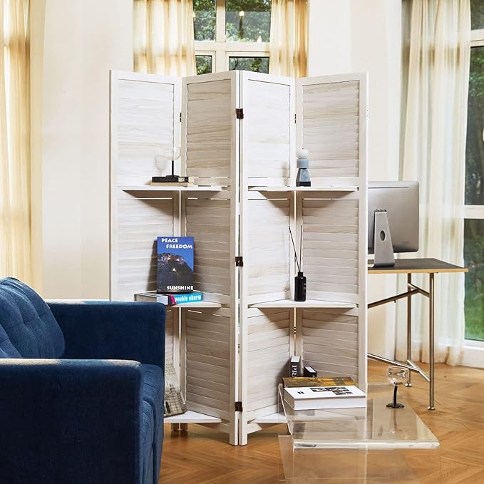 Partition Room Dividers, Folding Wood Privacy Screen with Three Display Shelves Suitable for Home Office, Study, Art Display - 4 Panel, 67 * 51inch (White)