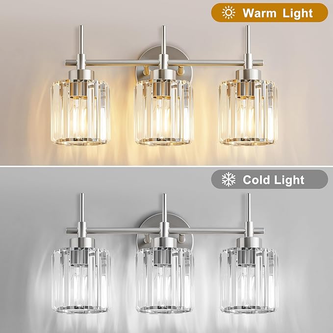 EJIAXIN 3 Light Crystal Bathroom Light Fixtures, Brushed Nickel Vanity Mirror Lights, Crystal Bath Vintage Wall Mounted Lamps Wall Light Fixtures for Bathroom, Living Room