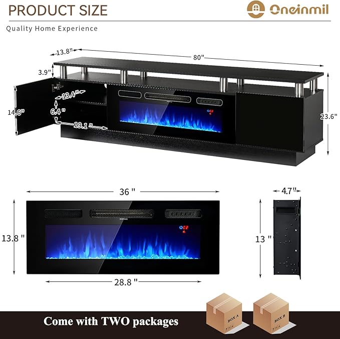oneinmil Fireplace TV Stand with 36” Electric Fireplace, 2 Tier TV Console Stand for TVs Up to 90"", LED Light Entertainment Center, Fireplace for The Living Room TV Stand, Black, 80''