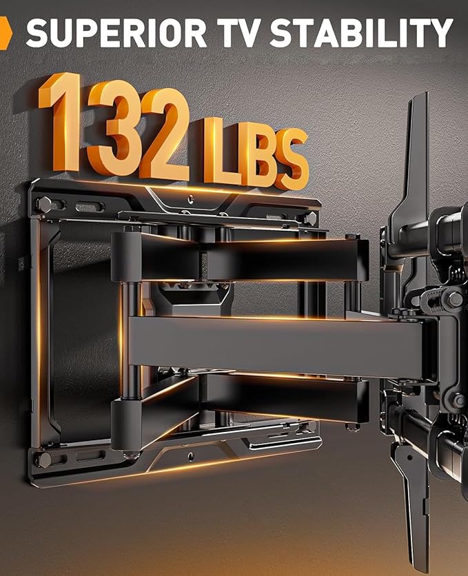 Perlegear Full Motion TV Wall Mount for Most 42–86 inch Flat Curved TVs up to 132 lbs, 12″/16″ Wood Studs, Bracket with Articulating Arms, Swivel, Tool-Free Tilt, Max VESA 600x400mm PGLF12
