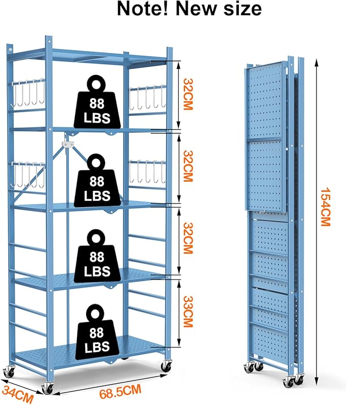 Storage Shelves with 20 Hooks, 5-Tier Foldable Shelf for Storage, Folding Shelf Unit Pantry Shelves with Wheels, Standing Shelving Unit for Kitchen Garage Home Office Room Greenhouse, Blue