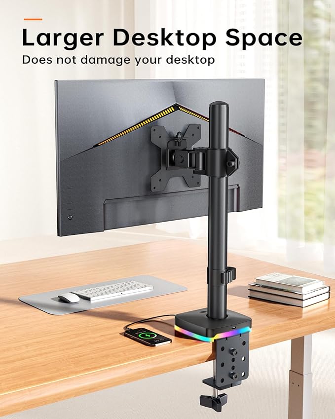 RGB Single Monitor Desk Mount, Monitor Arm with 3 USB Ports, Charging and USB Data Transfer Function, Desk Mount for 13"-27" Monitors up to 17.6lbs, Adjustable Height, Tilt, Swivel, Rotate